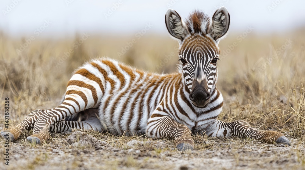 Fototapeta premium Young zebra lying down with legs tucked under, looking at camera with playful expression, isolated on white