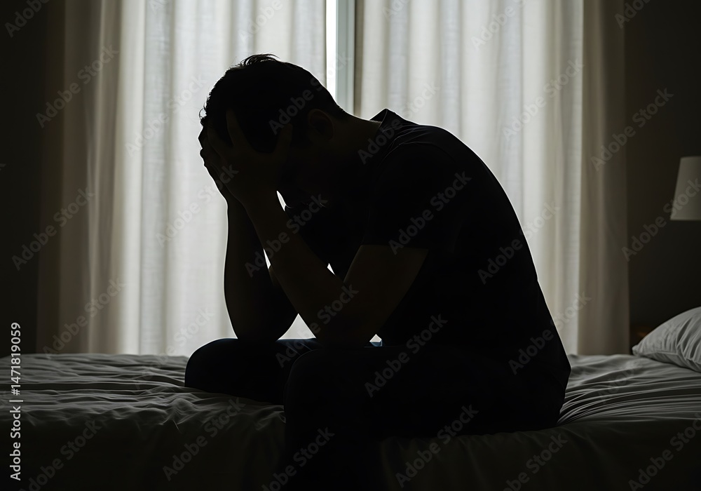 Depressed Man Sitting in the Dark Bedroom. Generative AI Depressed Man Sitting in the Dark Bedroom. Generative AI
