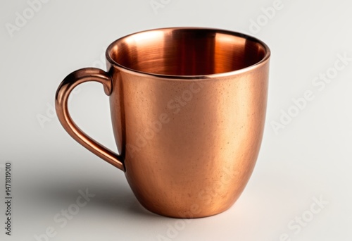 There is a copper cup with a handle on the white surface