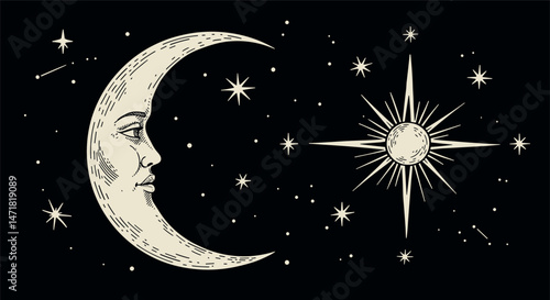 Two crescent moons with human faces and stars on dark night sky in vintage celestial style