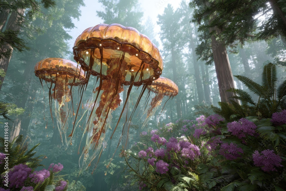 Fototapeta premium Floating jellyfish-like organisms drift through a lush forest, an surreal and captivating spectacle, blurring the lines between worlds.