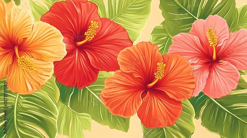 Hibiscus Flowers Tropical Floral Design.