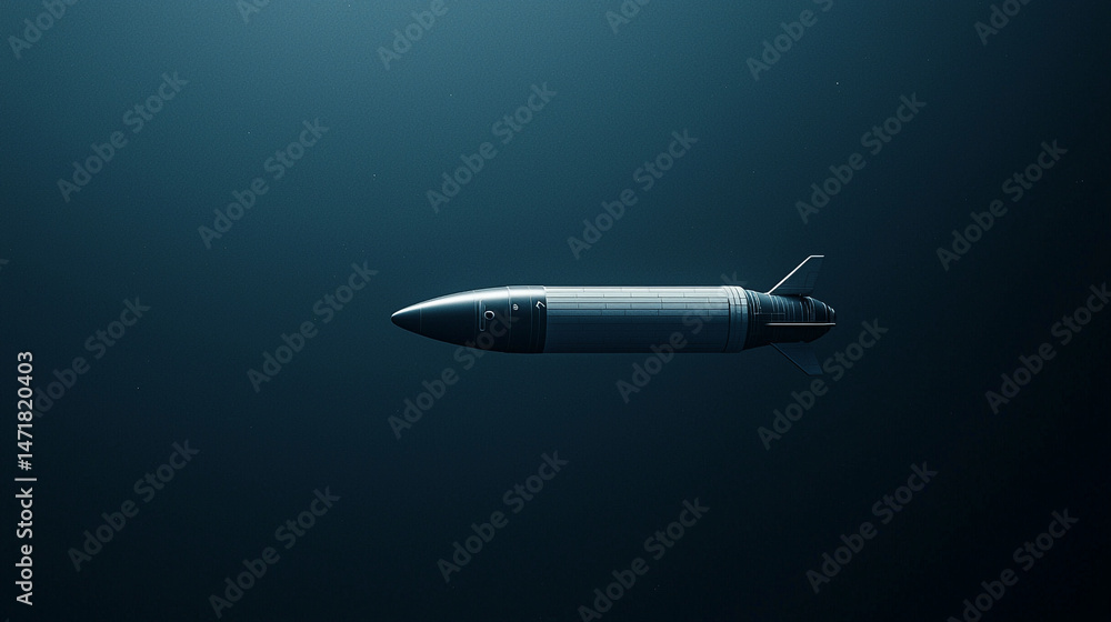 A missile or rocket flying through a dark blue space environment with a pointed nose cone design A missile or rocket flying through a dark blue space environment with a pointed nose cone design