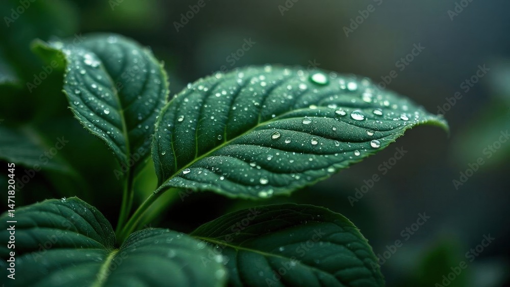 Obraz premium Fresh Green Leaf Covered in Water Droplets Nature Background Wallpaper