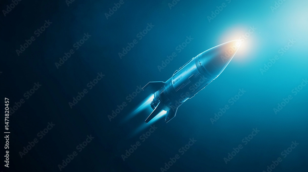 Rocket launching into the deep blue space with bright light and smoke trails ascending up high Rocket launching into the deep blue space with bright light and smoke trails ascending up high