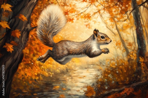 Wallpaper Mural A lively squirrel leaps from one tree branch to another, its bushy tail trailing behind in the crisp autumn air. The forest around it is alive with color,  Torontodigital.ca