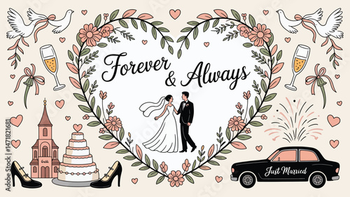 Romantic Wedding Illustration with Couple and Floral Heart