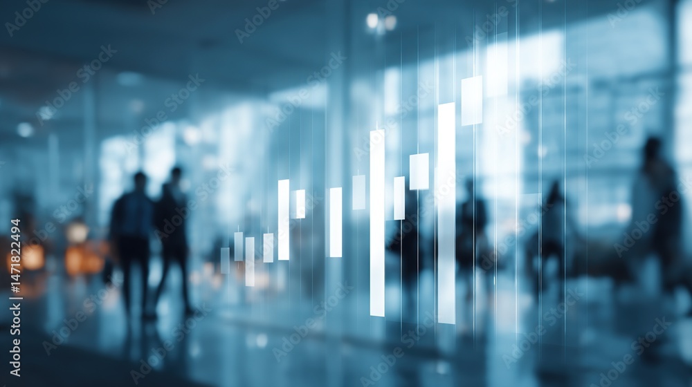 Blurred Business Hall Scene with Silhouetted Figures and Data Graphs, Representing Corporate Activity and Financial Analysis Blurred Business Hall Scene with Silhouetted Figures and Data Graphs, Representing Corporate Activity and Financial Analysis