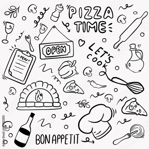 Pizza ingredients, doodle set for pizzeria, pizza cook. Vector illustration of black line doodle on white background