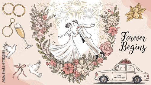 Romantic Wedding Illustration with Couple Dancing and Fireworks