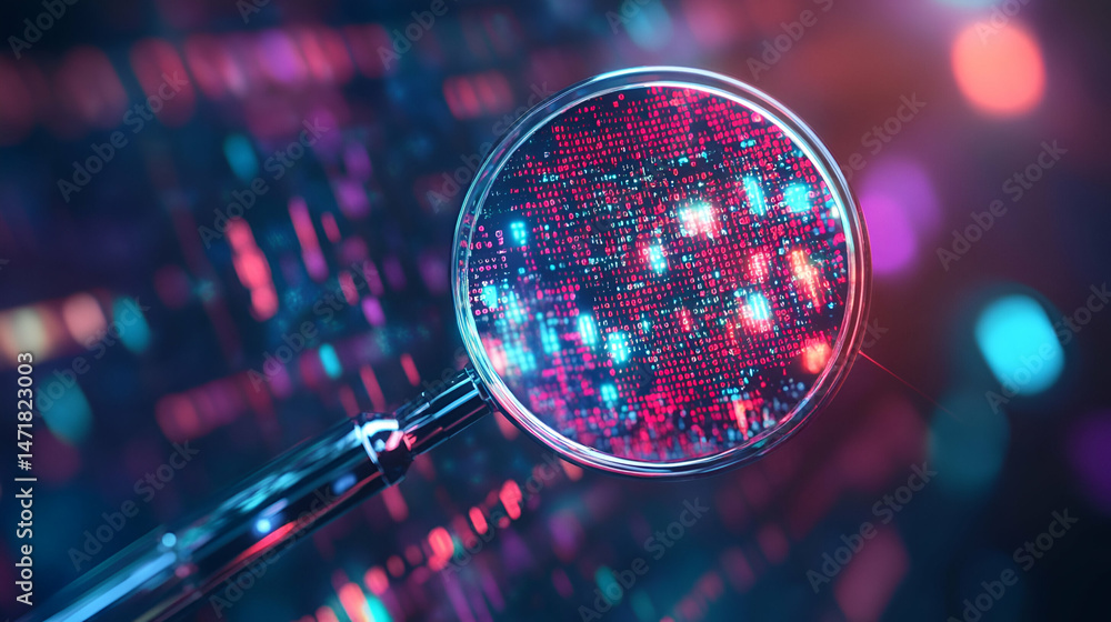 Magnifying Glass Revealing Red And Blue Data Particles On A Digital Background Magnifying Glass Revealing Red And Blue Data Particles On A Digital Background