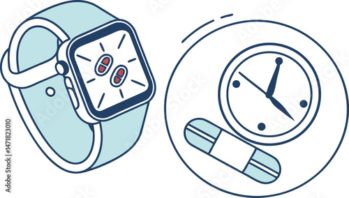 Smartwatch Displays Notifications Alongside a Round Wall Clock in a Minimalist Design Setting