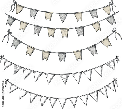 Colorful bunting flags set in vintage engraving style for party decoration, celebration, and festive design