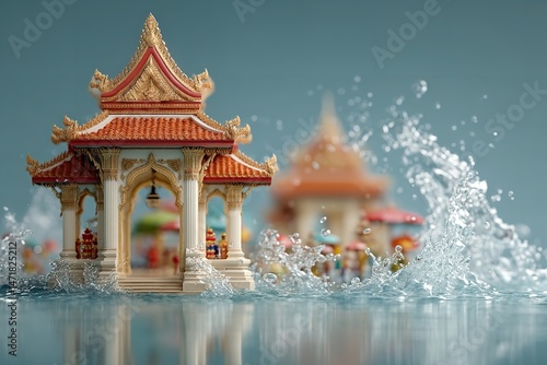 Thai structures and a blue water splash are included in this 3D Songkran festival backdrop in Thailand. Generative Ai