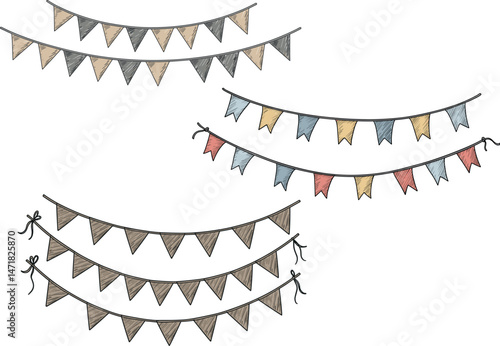 Colorful bunting flags set in vintage engraving style for party decoration, celebration, and festive design