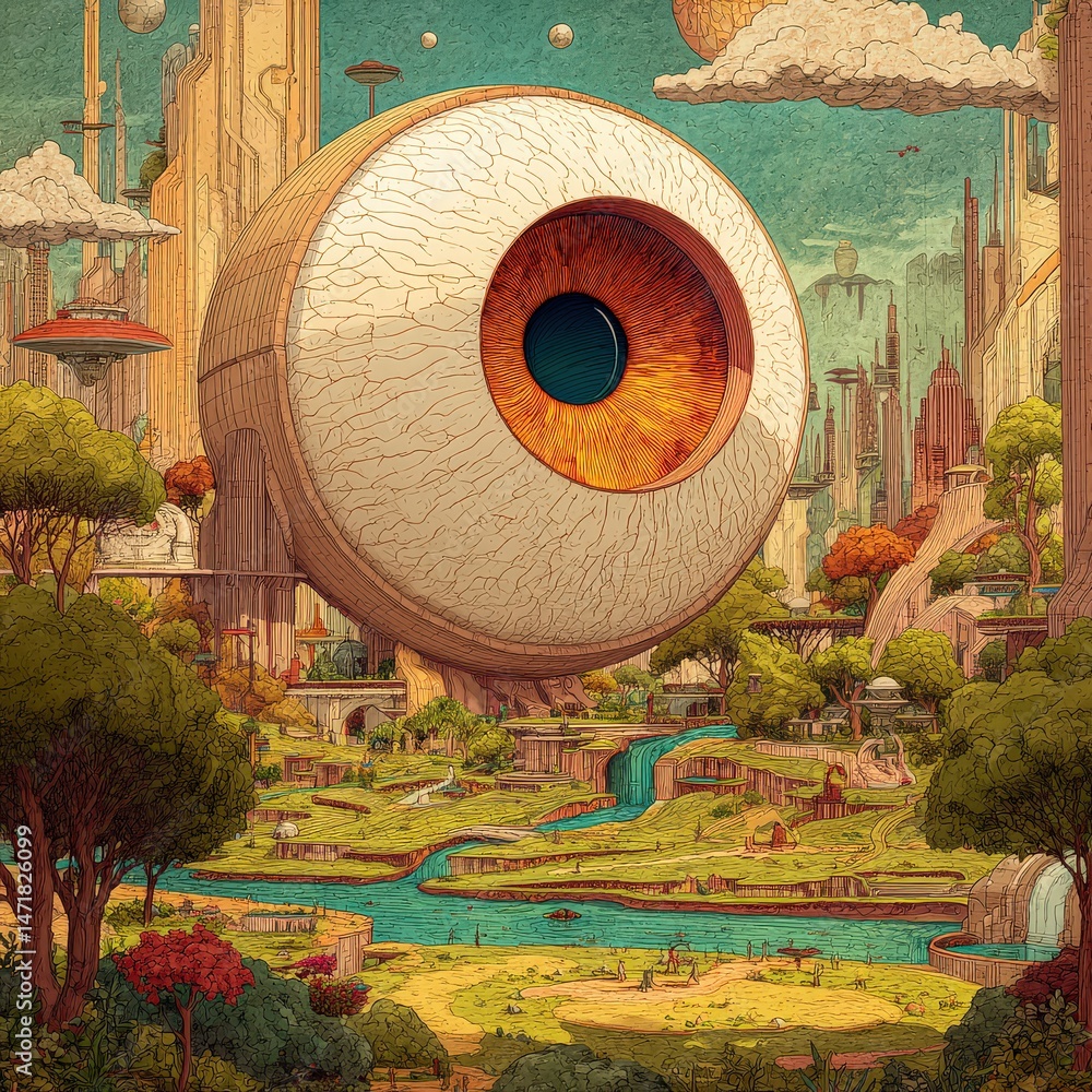 Naklejka premium Giant Eye Overlooking a Futuristic City Park