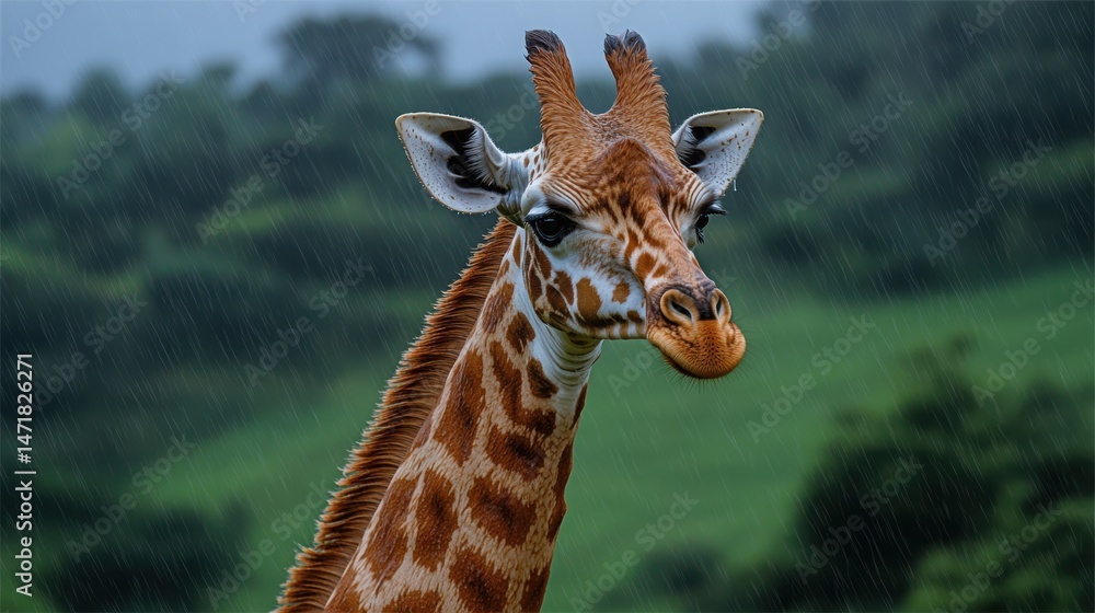 Obraz premium Giraffe in Rainy Season - A giraffe standing under light rain, wet fur glistening, moody green landscape, overcast skies, atmospheric and fresh