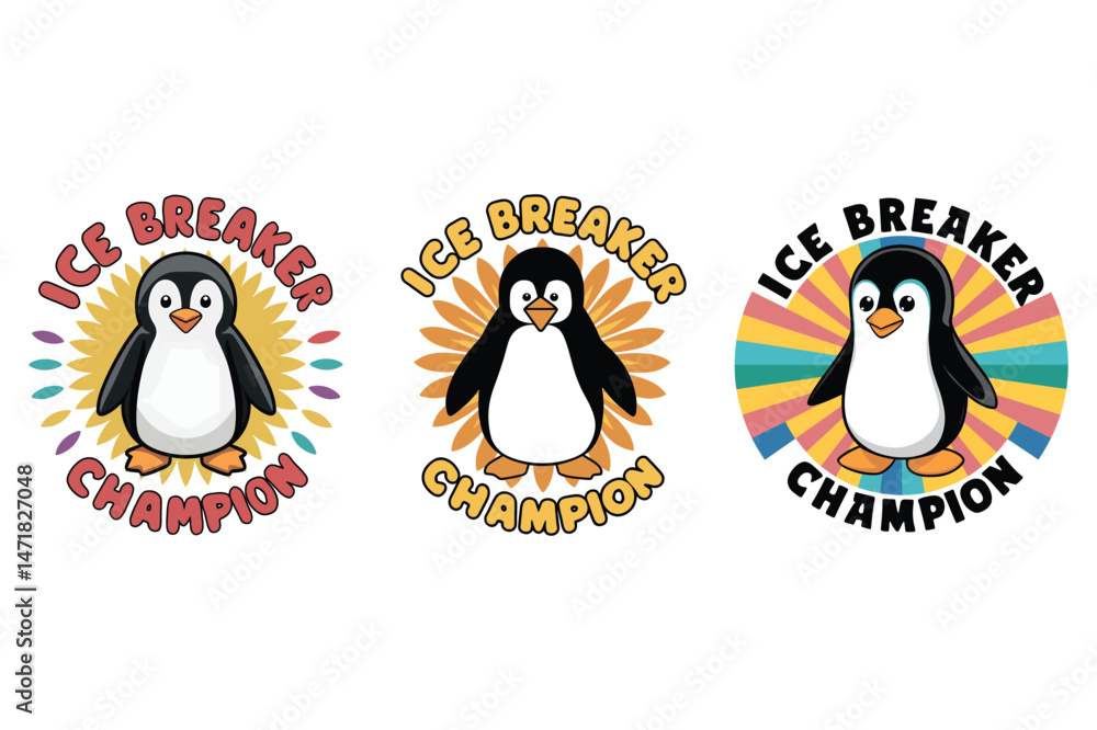 Obraz premium Ice Breaker Champion Penguin T-Shirt – 70s Psychedelic Style Flat Illustration