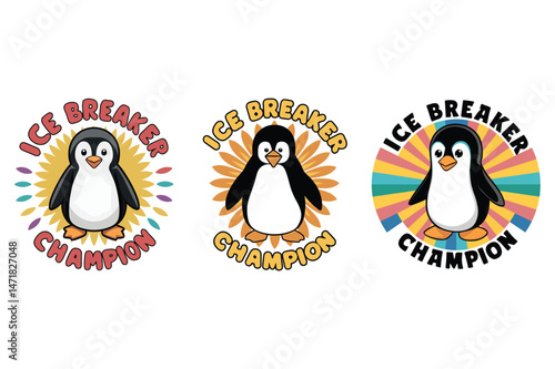 Ice Breaker Champion Penguin T-Shirt – 70s Psychedelic Style Flat Illustration