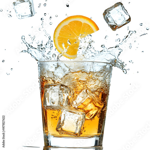 glass tumbler orange slice ice cubes water splash isolated on transparent background.