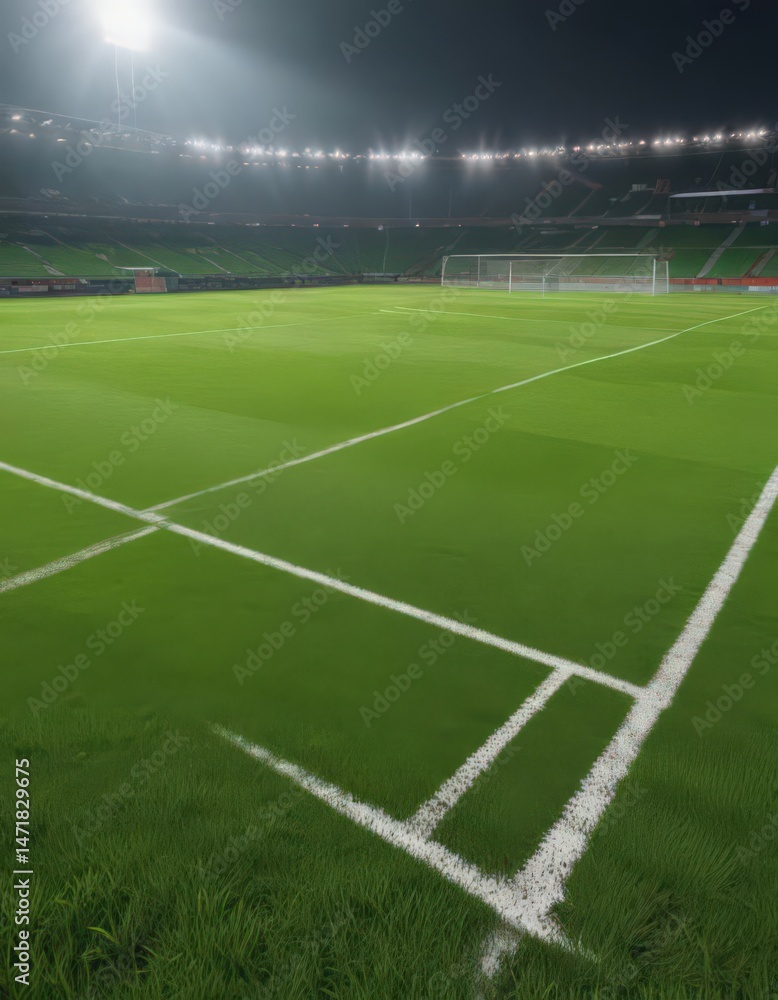 Fototapeta premium Modern Russian football field, bright green pitch, ball, clear