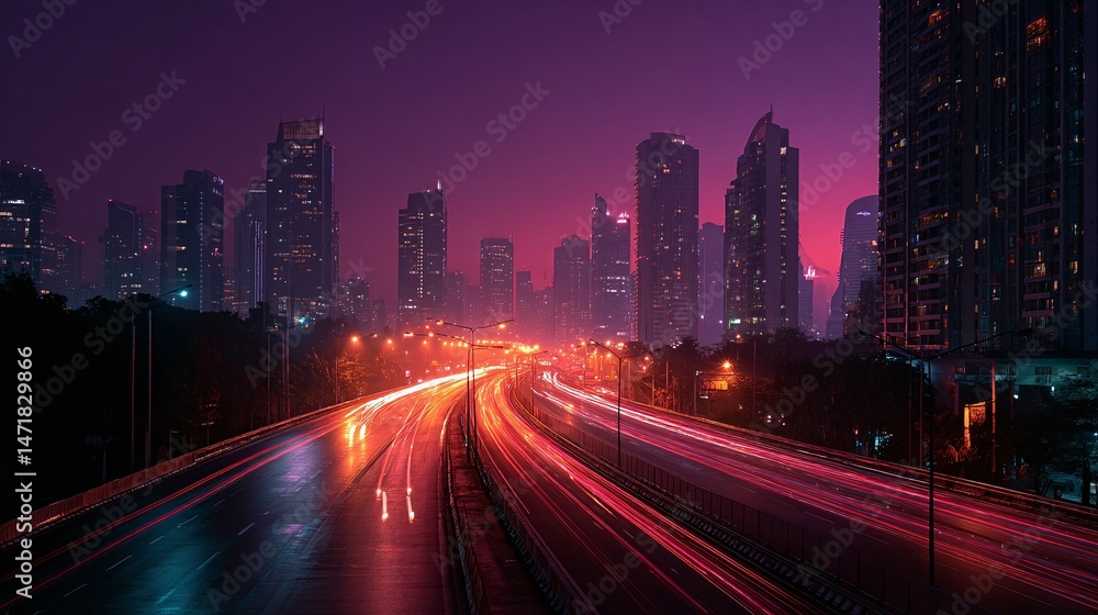 Fototapeta premium City skyline at night with blurred lights from traffic on a highway.