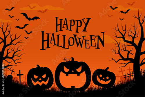 カボチャのシルエットのハロウィン背景_文字あり_ベクターイラスト
