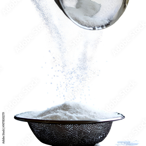 close-up of a stainless steel spoon pouring white powder into a black bowl isolated on transparent background.