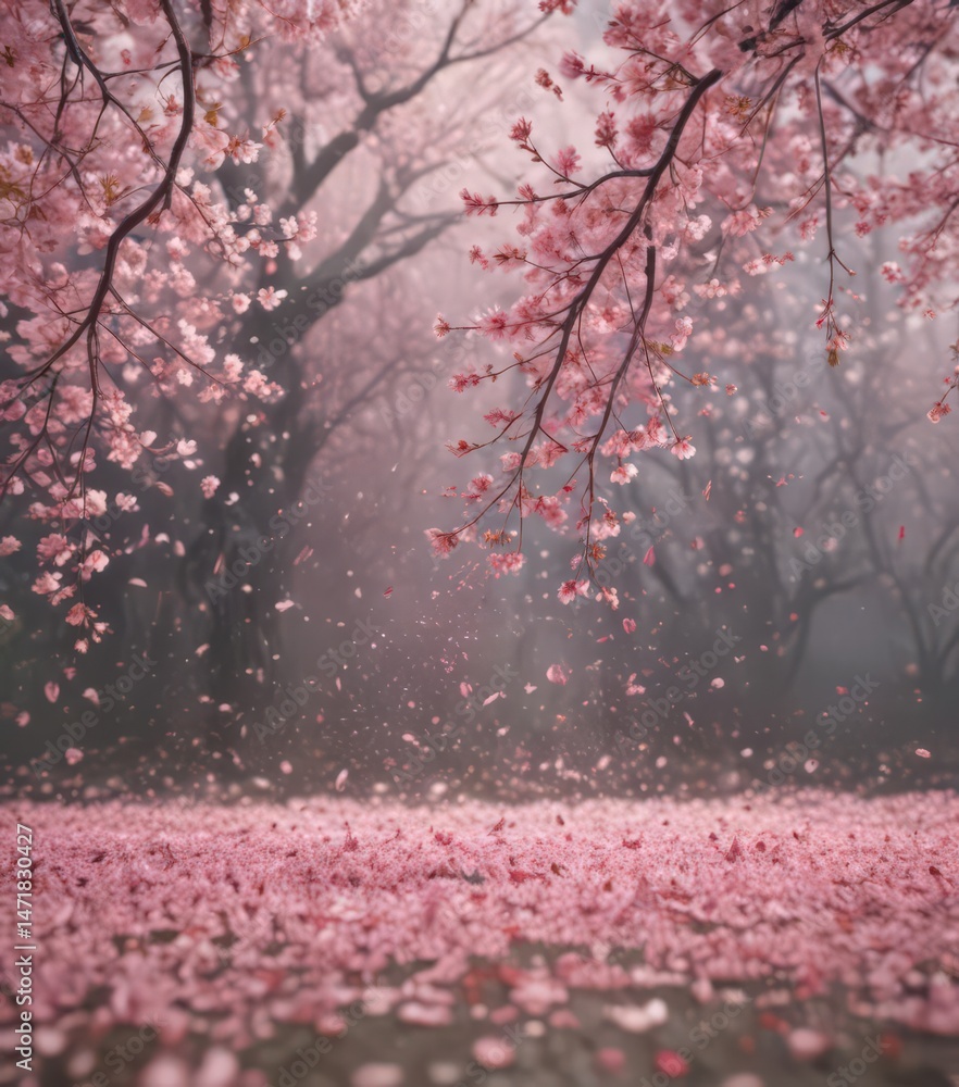 Fototapeta premium Falling sakura petals create ethereal pink shower, blurry spring backdrop , springtime, pastel, falling
