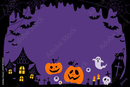 カボチャや城シルエットなどハロウィンのイメージ背景_ベクターイラスト