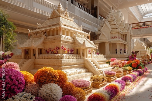 Built on a temple grounds, this exquisitely designed sand pagoda is encircled by incense and flower offerings. Generative Ai