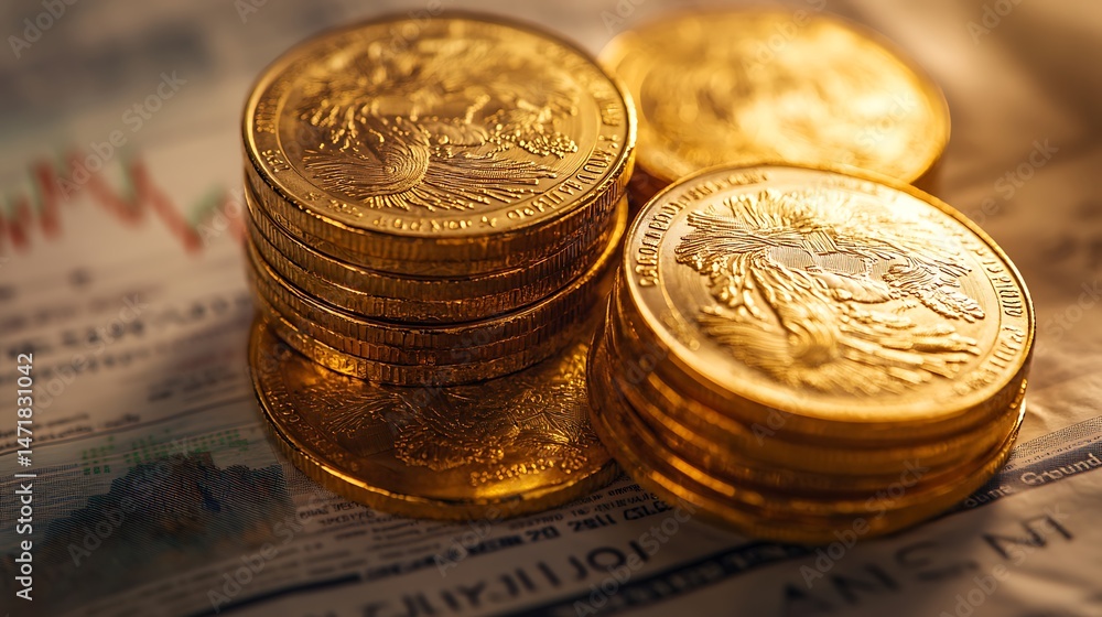 Gold Coins and Financial Charts Symbolizing Wealth, Stacks of gold coins with financial charts in the background, symbolizing wealth and investment Gold Coins and Financial Charts Symbolizing Wealth, Stacks of gold coins with financial charts in the background, symbolizing wealth and investment