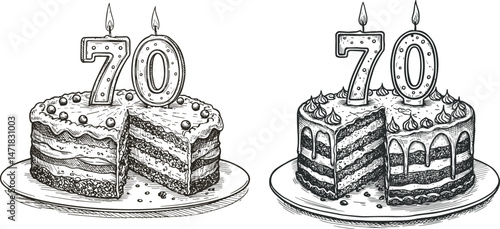 Set of 70th birthday cakes with candles in vintage engraving style, whole and sliced on white background