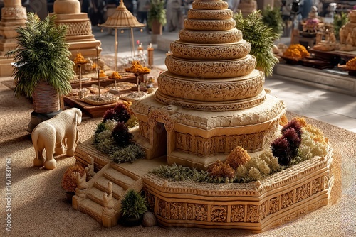 Built on a temple grounds, this exquisitely designed sand pagoda is encircled by incense and flower offerings. Generative Ai