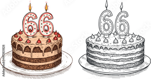 Layered 66th birthday cakes with candles and cherries in vintage engraving style, whole and sliced view