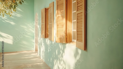 Minimalist Abstract Pattern of Wooden Slats on a Pastel Green Wall