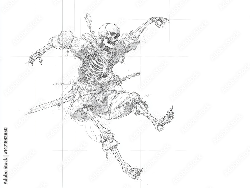 Fototapeta premium A dynamic depiction of a leaping skeleton figure.