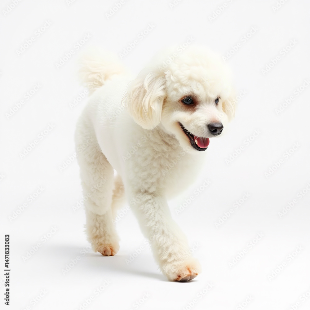 Obraz premium Cute white dog walking indoors during daylight in a bright and cheerful setting