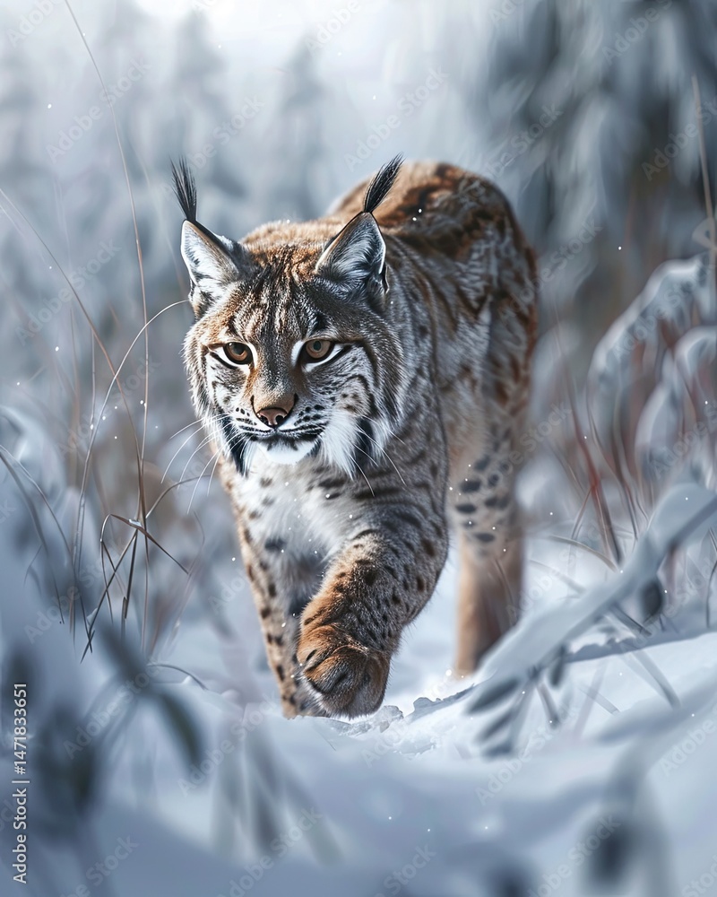 Obraz premium A wild feline lynx, a mammal and predator with striking eyes, braves the winter snow in its nature portrait