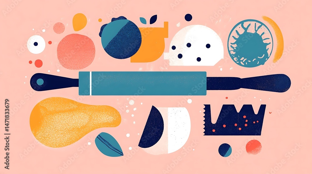 Baking tools with abstract food art. Baking tools with abstract food art.