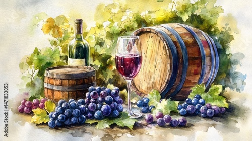 Watercolor still life depicting wine, grapes, and barrels.