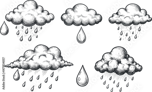 Set of hand-drawn rainy clouds in vintage sketch style with raindrops on white background