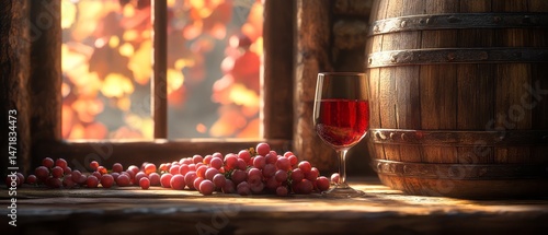 Still life scene of grapes, wine glass and wooden barrel.