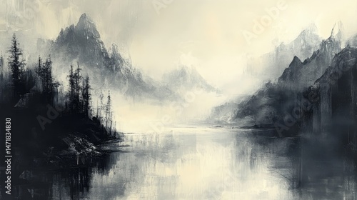 Misty mountain range landscape painting, rendered in grayscale tones.