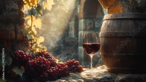 Wine glass and grapes in a rustic cellar.