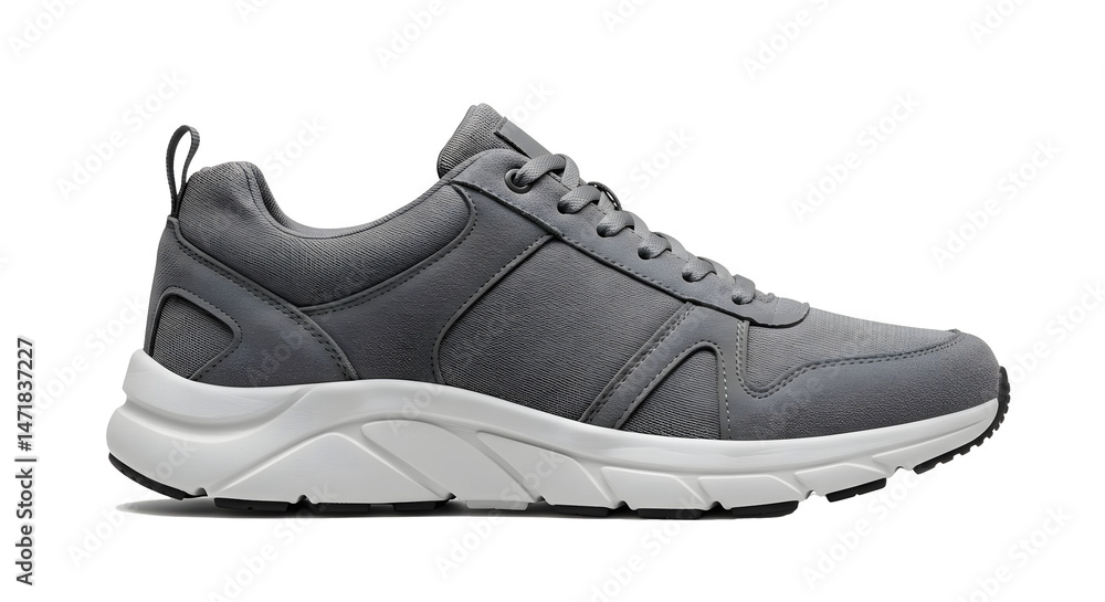 A gray athletic shoe with a white sole stands out against a black backdrop, showcasing its sleek design and highlighting its comfort. A gray athletic shoe with a white sole stands out against a black backdrop, showcasing its sleek design and highlighting its comfort.