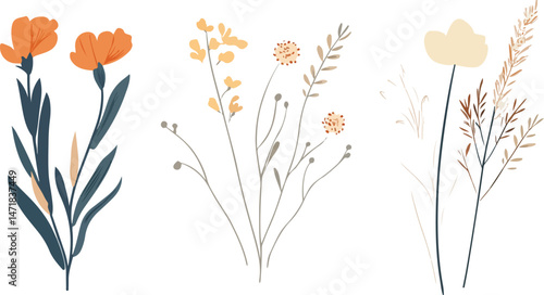 Flower embroidery png cut out element set delicate floral arrangement muted pastel hues set soft white background 
 