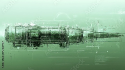 Futuristic, abstract vessel design with intricate technical drawings photo