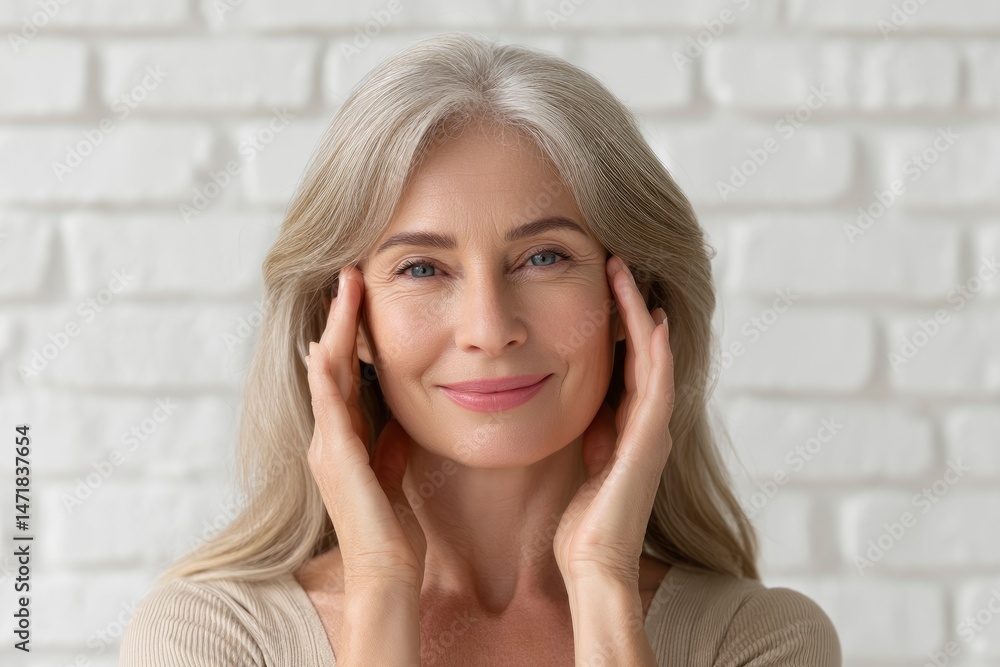 Serene Woman with Silver Hair, Gentle Hands Framing Face Serene Woman with Silver Hair, Gentle Hands Framing Face