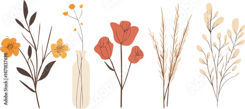 Collection of spring colorful flower elements vector. Set floral of wildflower, A whimsical enchanted garden with blooming flowers.